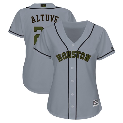 Astros #27 Jose Altuve Grey 2018 Memorial Day Cool Base Women's Stitched MLB Jersey - Click Image to Close